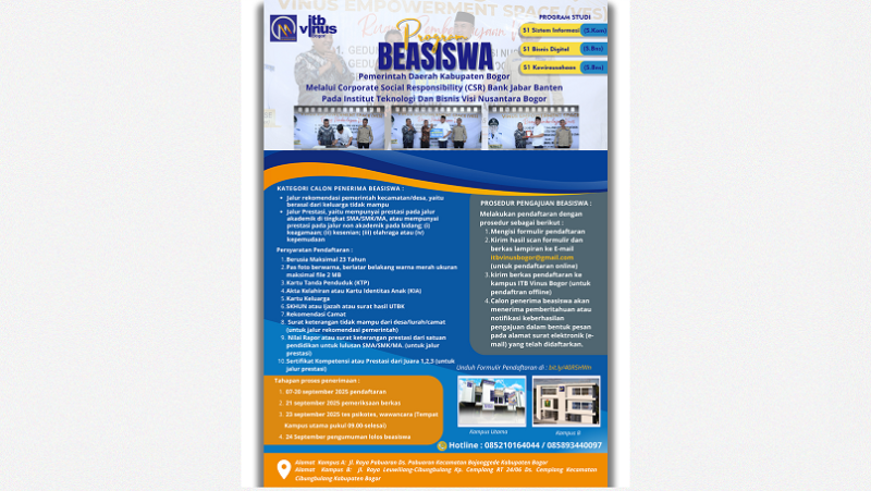 Beasiswa ITB Vinus Bogor dengan Pemerintah Kabupaten Bogor